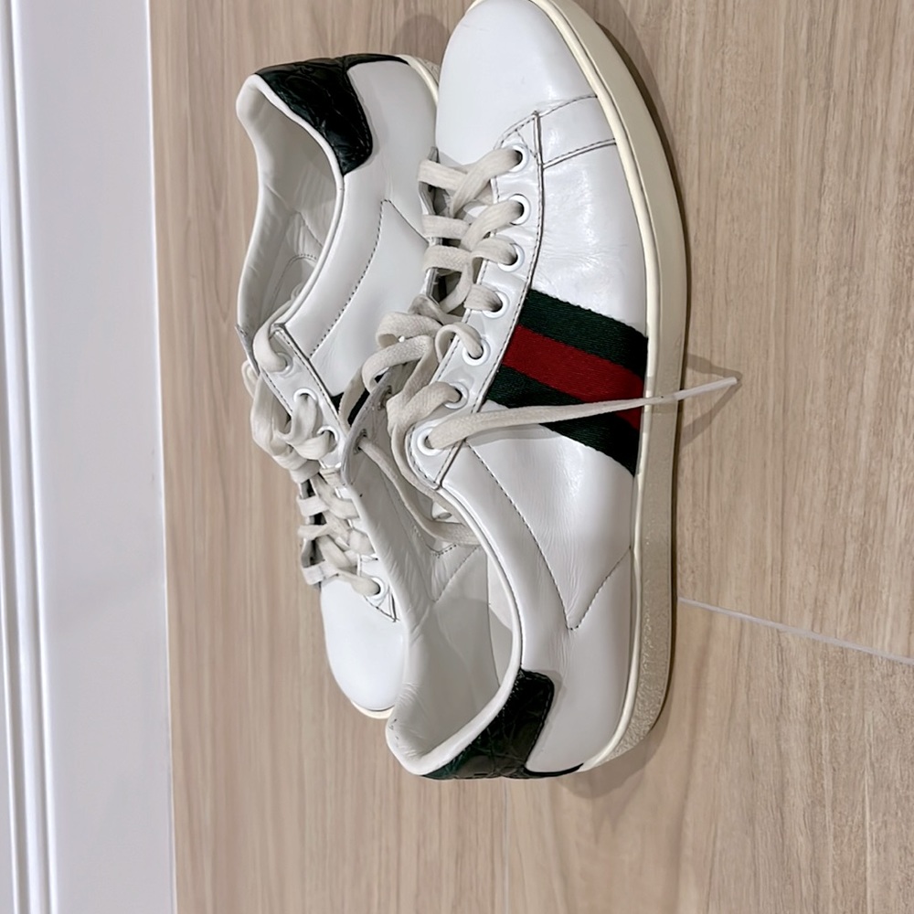 Gucci women’s aces sneaker, green, red, and white.